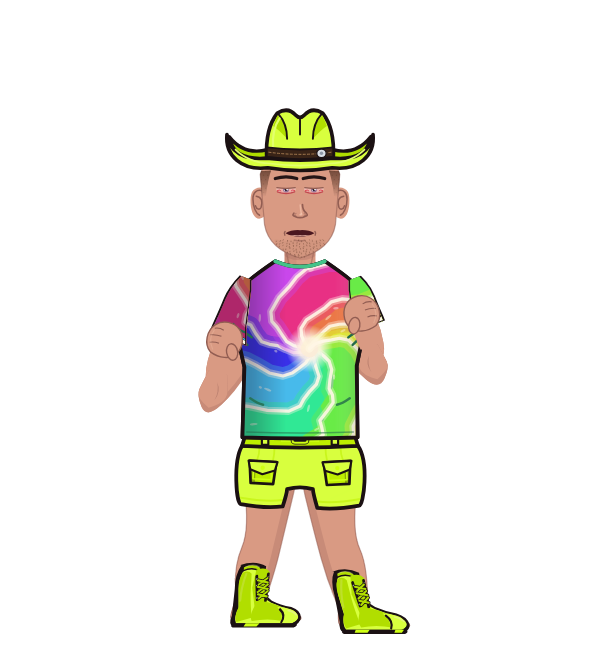 Balloon Goon, red corner portrait. Landed 59 of 84 punches. Hat: Cowboy hat; Shirt: Tie-dye T-shirt.