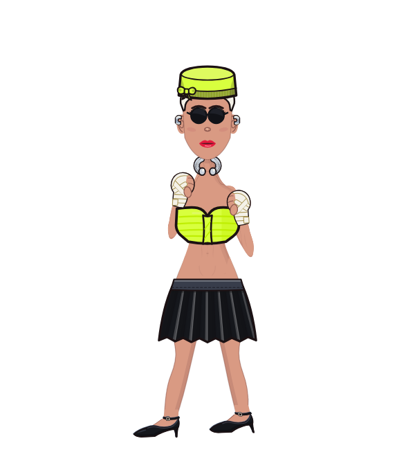 Lady Gauze, blue corner portrait. Landed 37 of 50 punches. Hat: Pillbox hat; Shirt: Tube top; Hands: Wrapped.