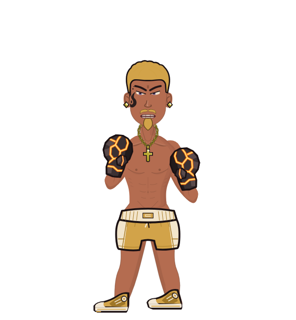 blacktaker, blue corner portrait. Landed 30 of 38 punches. Hands: Molten fists.