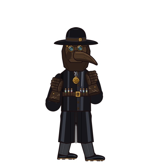 Anjaimabar, red corner portrait. Landed 29 of 56 punches. Hat: Plague doctor mask; Shirt: Plague doctor coat; Hands: Plague doctor gloves.