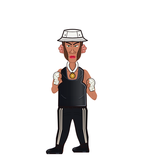 Bengoat, blue corner portrait. Landed 45 of 101 punches. Hat: Bucket hat; Shirt: Tank; Hands: Wrapped.