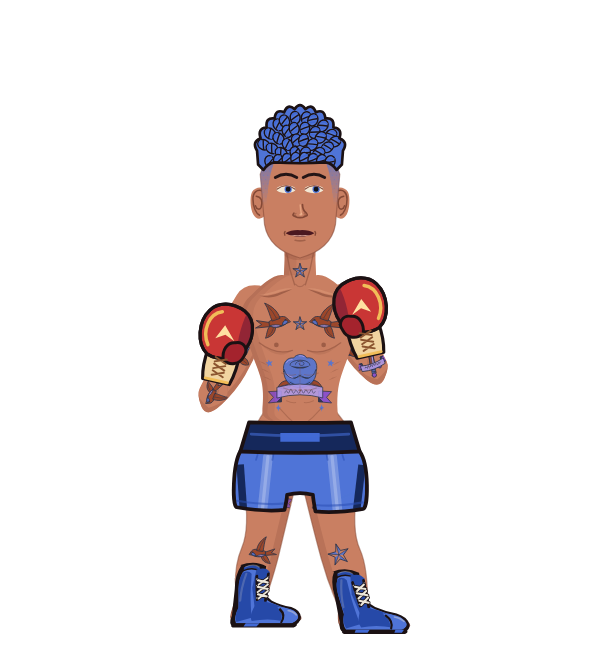 Emperor RoSe, red corner portrait. Landed 19 of 34 punches. Hands: Kangaroo gloves.