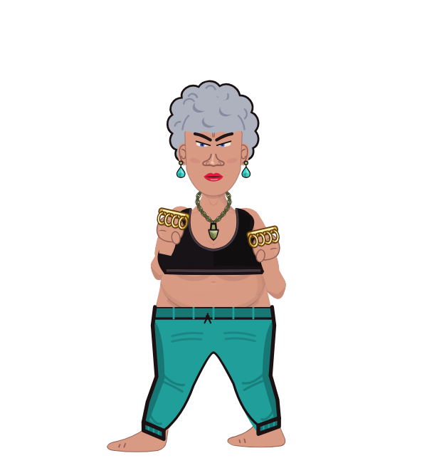 Granny, blue corner portrait. Landed 0 of 0 punches. Shirt: Sports bra; Hands: Brass.