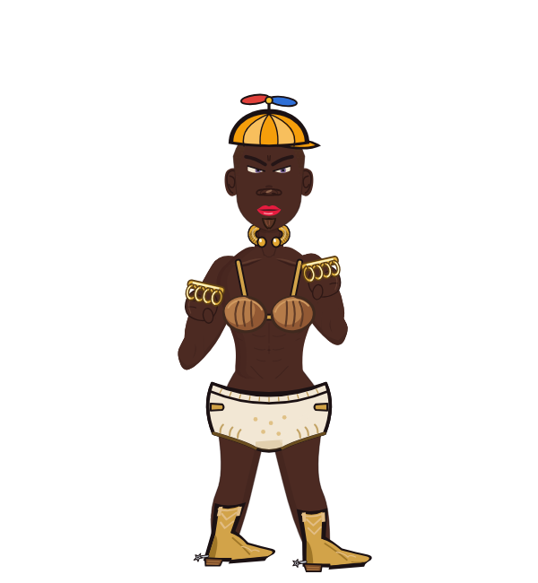 BumblingBlender, red corner portrait. Landed 63 of 99 punches. Hat: Propeller cap; Shirt: Coconut bra; Hands: Brass.