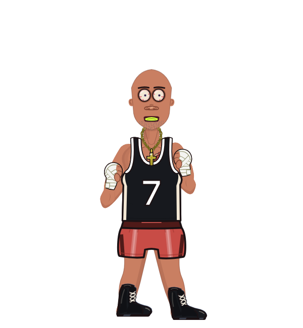 kingE, red corner portrait. Landed 46 of 64 punches. Shirt: Jersey; Hands: Wrapped.