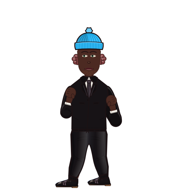 dinglenut, blue corner portrait. Landed 24 of 38 punches. Hat: Beanie; Shirt: Suit jacket.