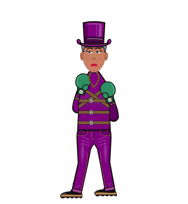 Alice SmackemBack, blue corner portrait. Landed 25 of 52 punches. Hat: Top hat; Shirt: Straitjacket; Hands: Classic.
