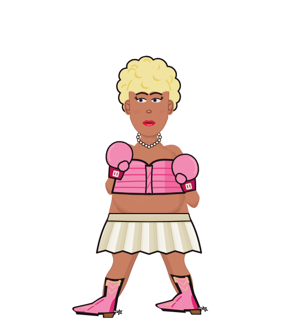 Dolly Punchton, blue corner portrait. Landed 52 of 83 punches. Shirt: Tube top; Hands: Classic.