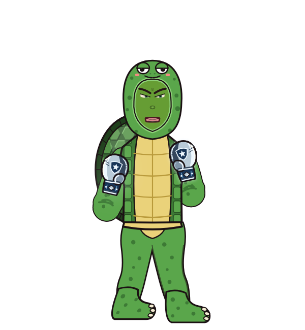 Franklin theTurtle, red corner portrait. Landed 87 of 89 punches. Hat: Turtle hood; Shirt: Turtle shell; Hands: Silver gloves.