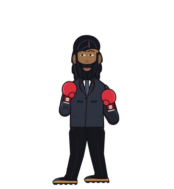 Keanu Weaves, blue corner portrait. Landed 61 of 73 punches. Shirt: Suit jacket; Hands: Classic.