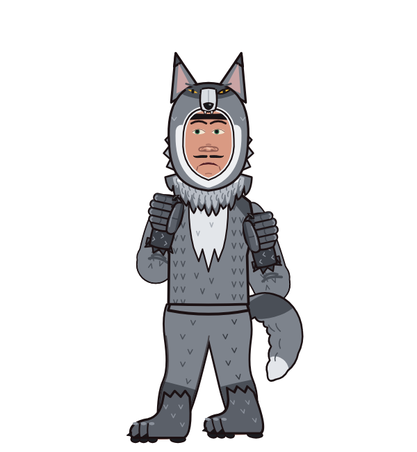 whitefang, blue corner portrait. Landed 33 of 69 punches. Hat: Wolf head; Shirt: Wolf body; Hands: Wolf claws.