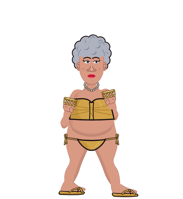 Granny, red corner portrait. Landed 19 of 30 punches. Shirt: Tube; Hands: Brass.