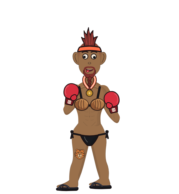 JollyTater, blue corner portrait. Landed 33 of 79 punches. Hat: Headband; Shirt: Coconut bra; Hands: Classic.