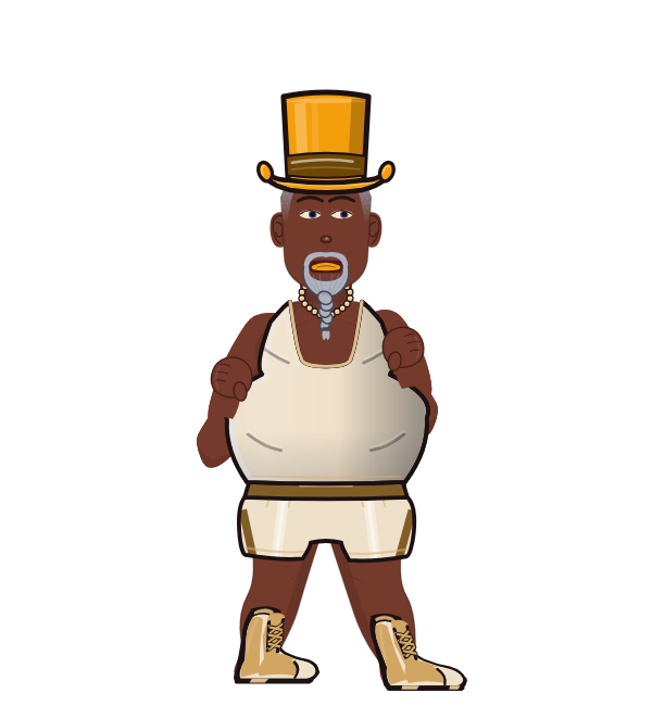 BraveWaffle, red corner portrait. Landed 52 of 69 punches. Hat: Top hat; Shirt: Tank.