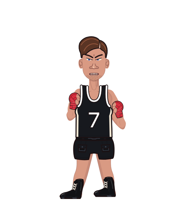 ZythSchoolAcc, blue corner portrait. Landed 24 of 36 punches. Shirt: Jersey; Hands: Wrapped.