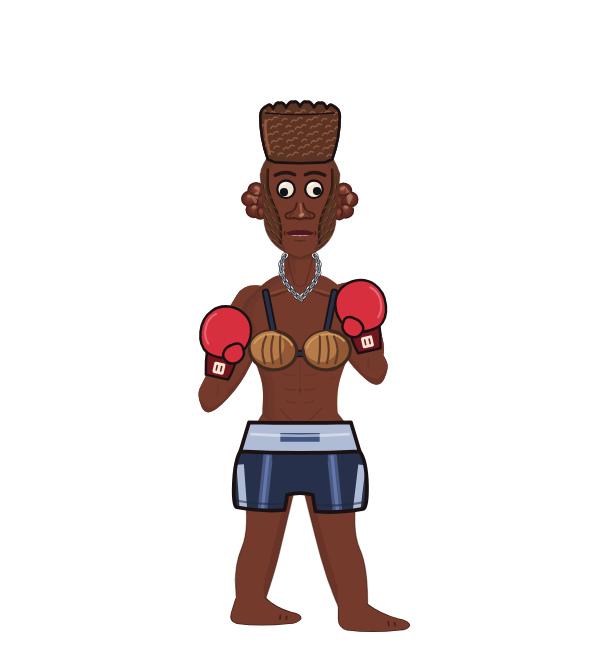 MightyBucket, red corner portrait. Landed 63 of 97 punches. Shirt: Coconut bra; Hands: Classic.