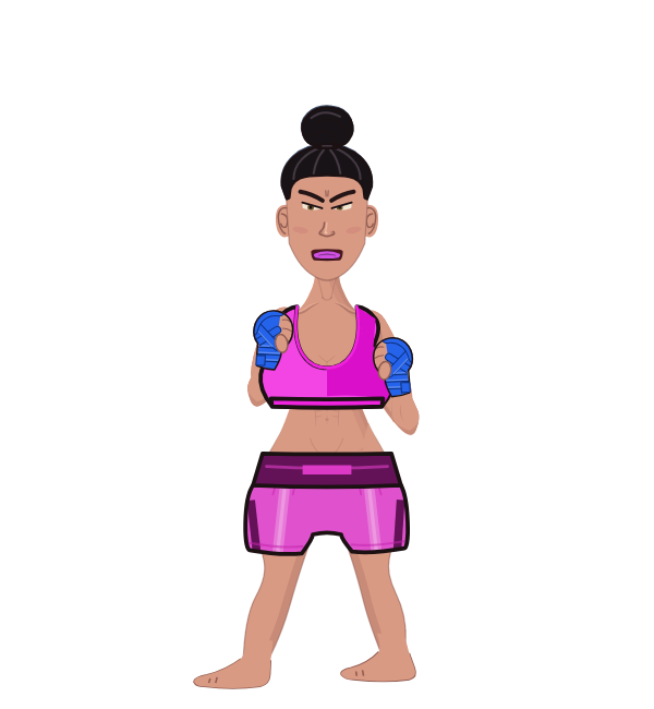 Kim Kardashian, blue corner portrait. Landed 15 of 15 punches. Shirt: Sports bra; Hands: Wrapped.