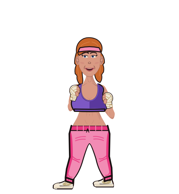 Jane Pounda, blue corner portrait. Landed 105 of 141 punches. Hat: Headband; Shirt: Sports bra; Hands: Wrapped.
