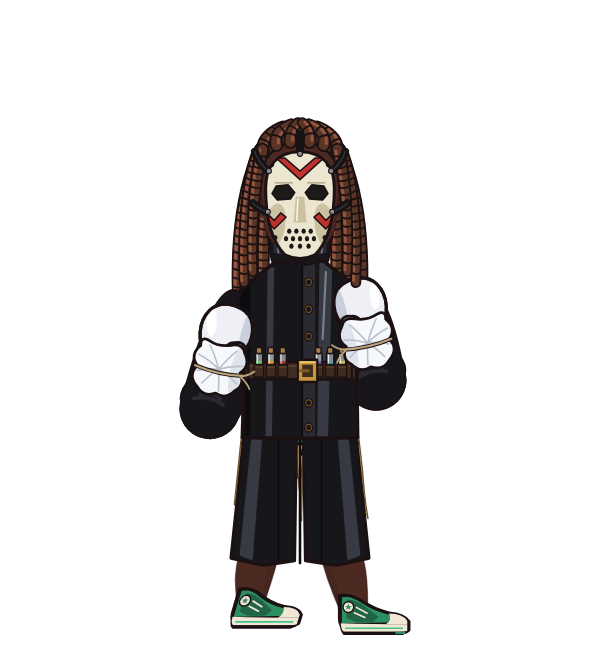 BonkersMeatball, red corner portrait. Landed 44 of 61 punches. Hat: Hockey mask; Shirt: Plague doctor coat; Hands: Ghost mitts.