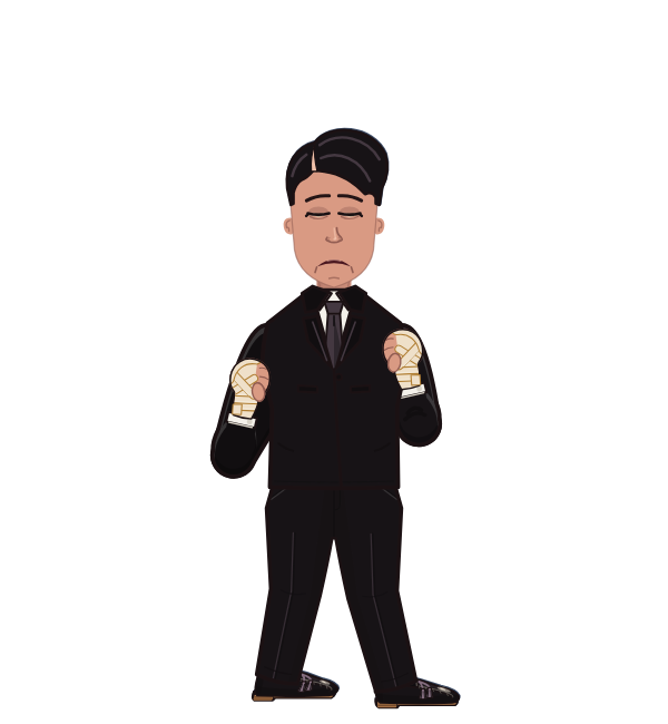 SpicyNinja, red corner portrait. Landed 39 of 51 punches. Shirt: Suit jacket; Hands: Wrapped.