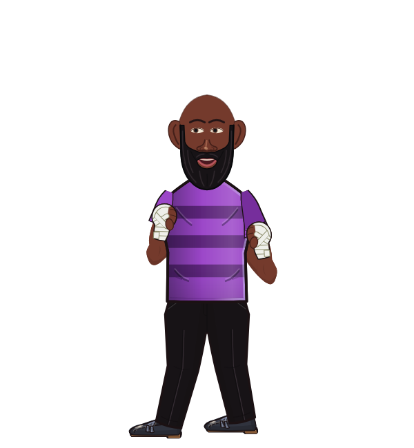 AwkwardMoose, blue corner portrait. Landed 19 of 29 punches. Shirt: Striped shirt; Hands: Wrapped.