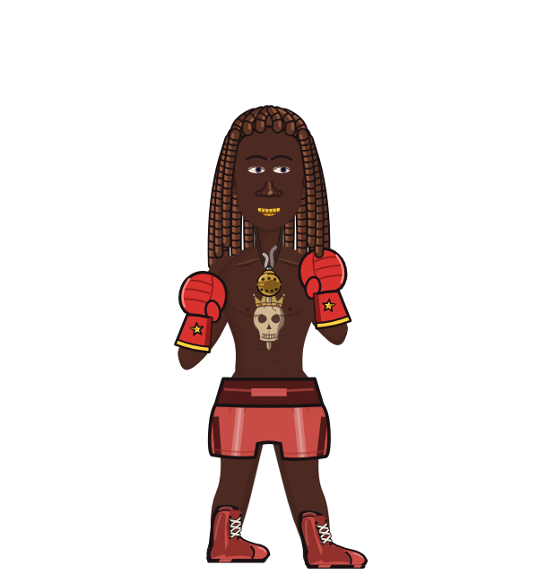 AndrewGarcia, red corner portrait. Landed 65 of 86 punches. Hands: Superhero gloves.