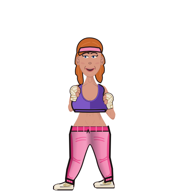 Jane Pounda, blue corner portrait. Landed 68 of 88 punches. Hat: Headband; Shirt: Sports bra; Hands: Wrapped.