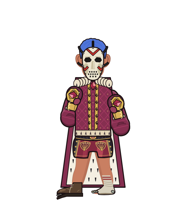 The Truth, blue corner portrait. Landed 35 of 61 punches. Hat: Hockey mask; Shirt: Royal robe; Hands: Royal gauntlets.