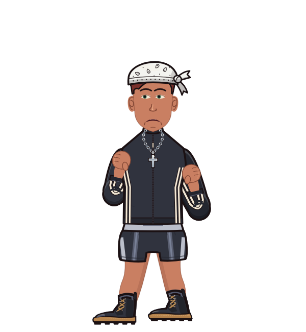 LuckyLobster, blue corner portrait. Landed 11 of 19 punches. Hat: Bandana; Shirt: Track jacket.