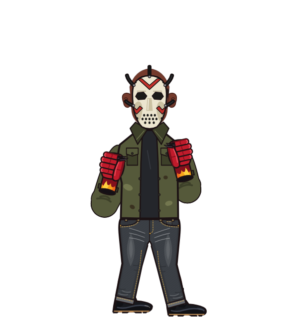rayquan, red corner portrait. Landed 53 of 72 punches. Hat: Hockey mask; Shirt: Slasher jacket; Hands: Devil gloves.