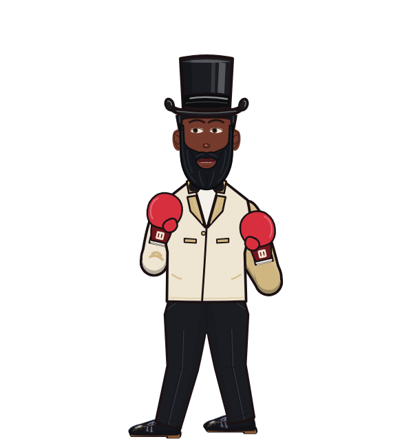Jabraham, blue corner portrait. Landed 21 of 34 punches. Hat: Top hat; Shirt: Suit jacket; Hands: Classic.