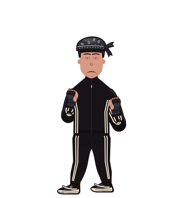DaGrind, blue corner portrait. Landed 40 of 49 punches. Hat: Bandana; Shirt: Track jacket; Hands: MMA gloves.
