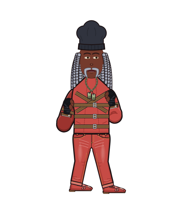 Crocada, red corner portrait. Landed 71 of 123 punches. Hat: Chef hat; Shirt: Straitjacket; Hands: Wrapped.