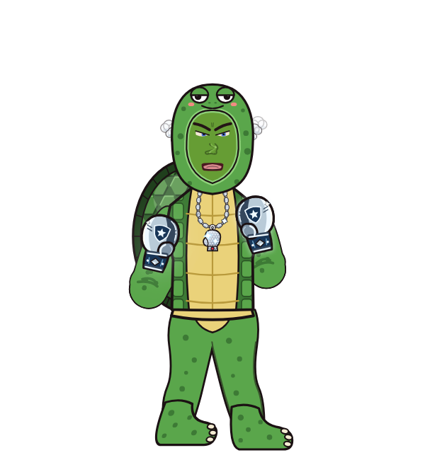 Franklin theTurtle, red corner portrait. Landed 40 of 61 punches. Hat: Turtle hood; Shirt: Turtle shell; Hands: Silver gloves.