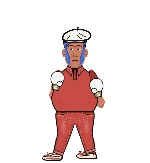 RowdyWizard, blue corner portrait. Landed 32 of 64 punches. Hat: Beret; Shirt: Polo; Hands: Classic.