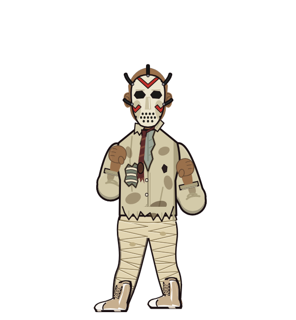 k, blue corner portrait. Landed 23 of 47 punches. Hat: Hockey mask; Shirt: Zombie shirt.
