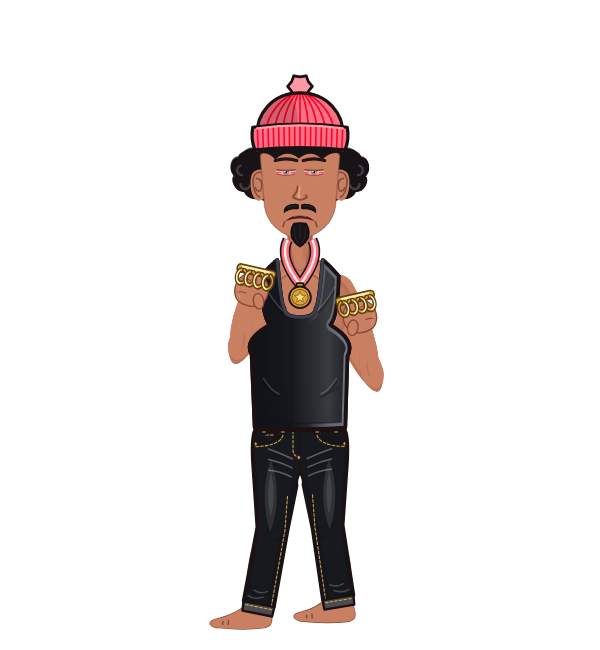 yomini, blue corner portrait. Landed 38 of 46 punches. Hat: Beanie; Shirt: Tank; Hands: Brass.