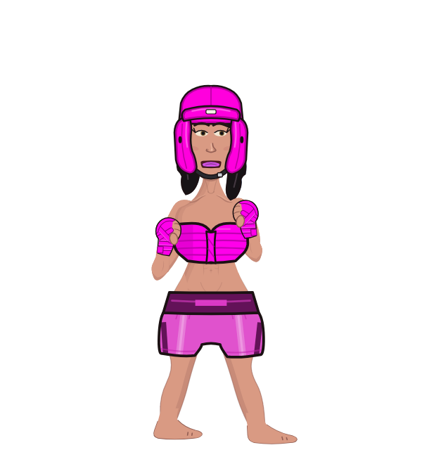 Kim Kardashian, red corner portrait. Landed 45 of 60 punches. Hat: Headgear; Shirt: Tube top; Hands: Wrapped.