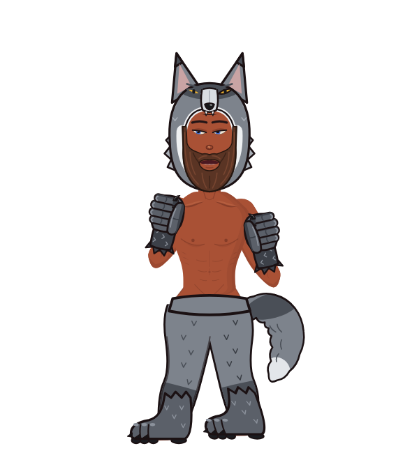 blackchampion, blue corner portrait. Landed 16 of 24 punches. Hat: Wolf head; Hands: Wolf claws.