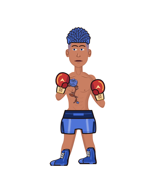 Emperor RoSe, blue corner portrait. Landed 38 of 80 punches. Hands: Kangaroo gloves.