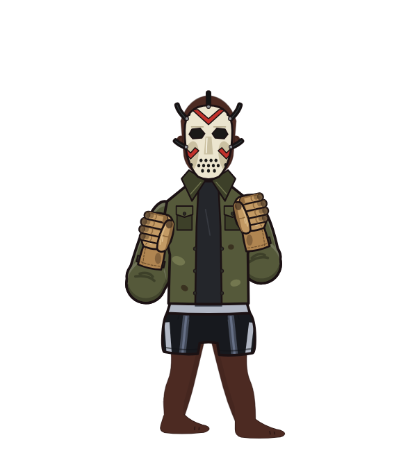 Iron Fist, red corner portrait. Landed 50 of 79 punches. Hat: Hockey mask; Shirt: Slasher jacket; Hands: Work gloves.