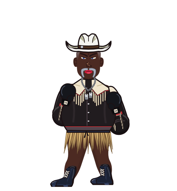 thexterminigg, blue corner portrait. Landed 13 of 21 punches. Hat: Cowboy hat; Shirt: Fringe jacket; Hands: Classic.