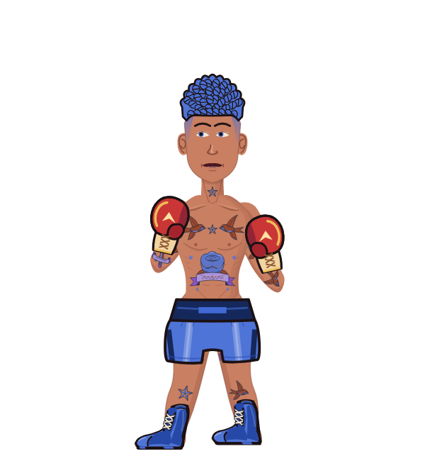 Emperor RoSe, blue corner portrait. Landed 29 of 61 punches. Hands: Kangaroo gloves.