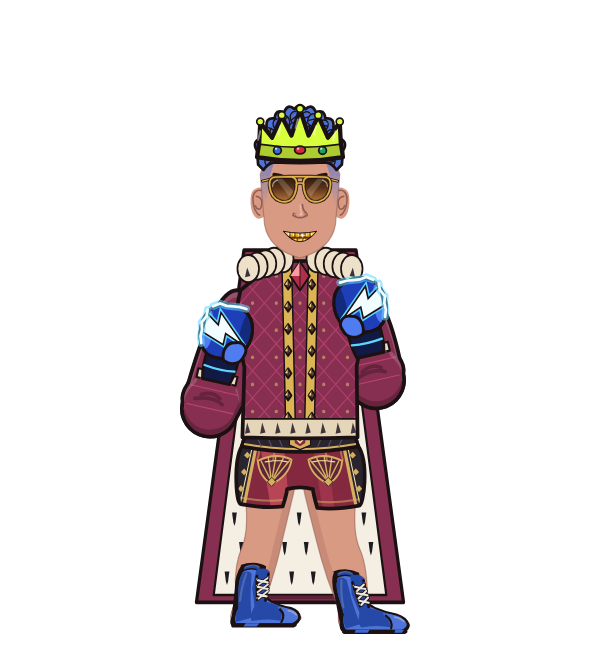Emperor RoSe, red corner portrait. Landed 34 of 66 punches. Hat: Crown; Shirt: Royal robe; Hands: Lightning gloves.
