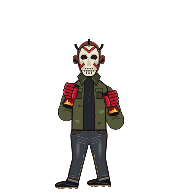 rayquan, blue corner portrait. Landed 35 of 58 punches. Hat: Hockey mask; Shirt: Slasher jacket; Hands: Devil gloves.
