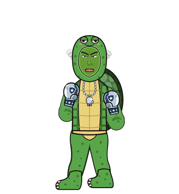 Franklin theTurtle, blue corner portrait. Landed 23 of 30 punches. Hat: Turtle hood; Shirt: Turtle shell; Hands: Silver gloves.