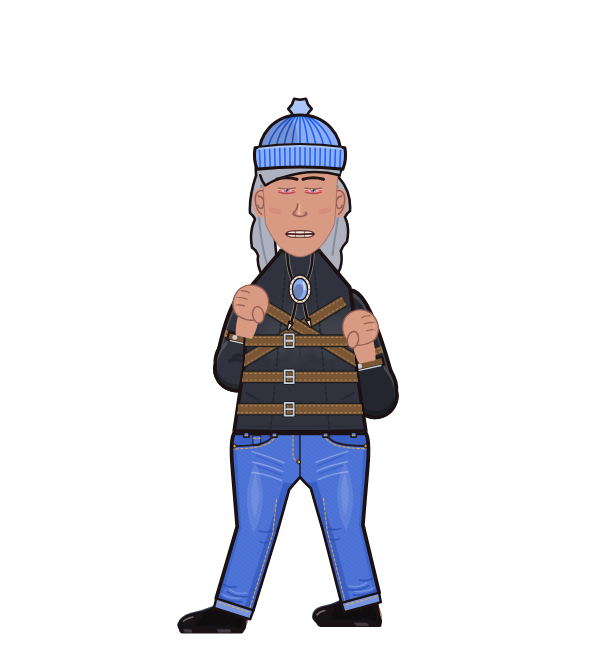 FistWraps Mauler, blue corner portrait. Landed 79 of 109 punches. Hat: Beanie; Shirt: Straitjacket.