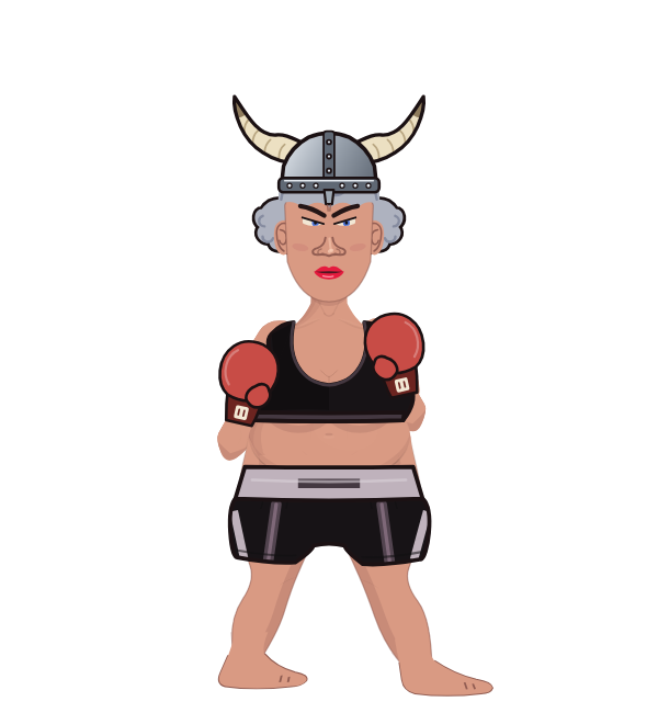 Granny, red corner portrait. Landed 50 of 70 punches. Hat: Horns; Shirt: Sports bra; Hands: Classic.