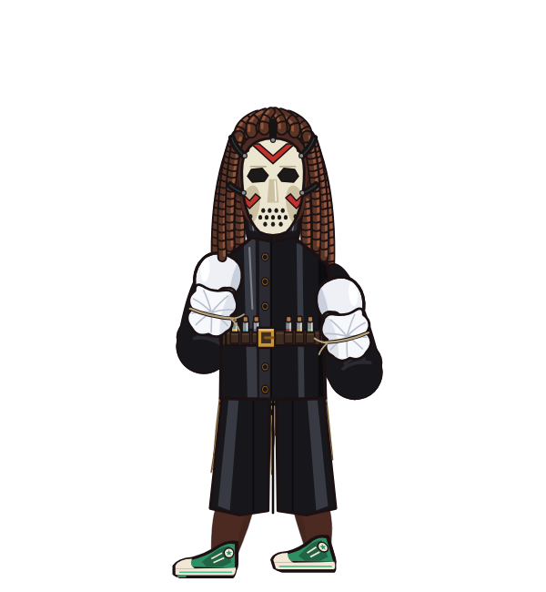 BonkersMeatball, blue corner portrait. Landed 37 of 46 punches. Hat: Hockey mask; Shirt: Plague doctor coat; Hands: Ghost mitts.