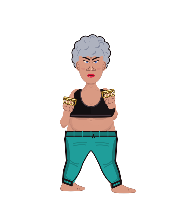 Granny, red corner portrait. Landed 39 of 61 punches. Shirt: Sports bra; Hands: Brass.